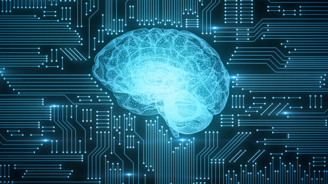 Blue digital computer brain on circuit board with glows and flares