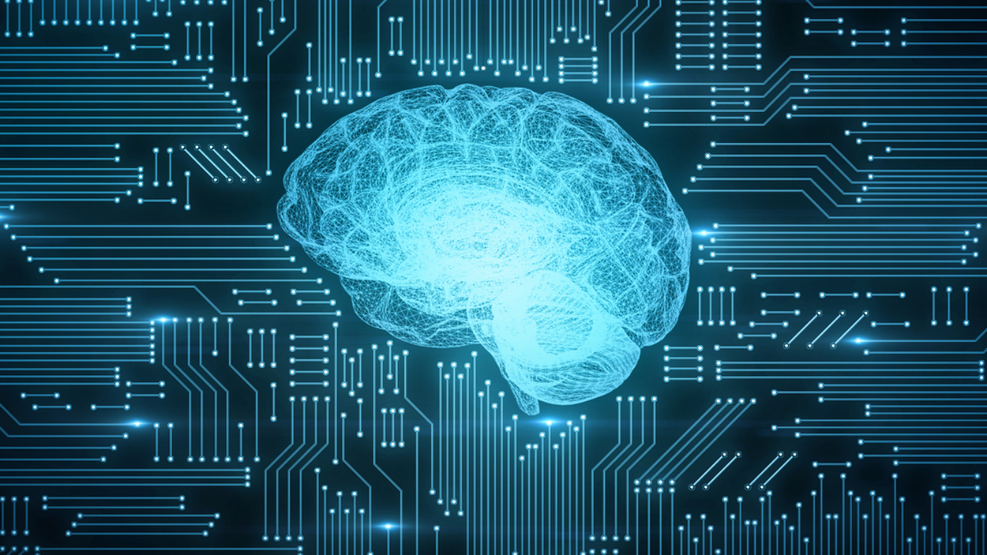 Blue digital computer brain on circuit board with glows and flares