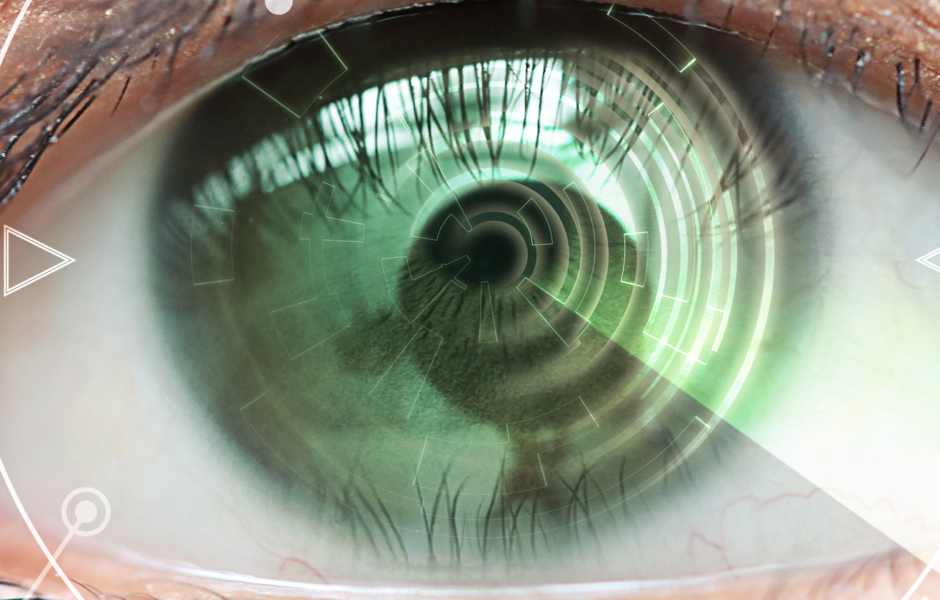 woman doing eyesight measurement with optical phoropter